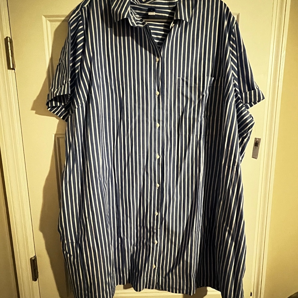 Old Navy Blue and White Striped Button-Down Shirt Dress